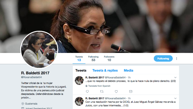Roxana Baldetti, o algún abogado, familiar y amigo, estrenan una cuenta en Twitter para mostrar su posición en el Caso La Línea.