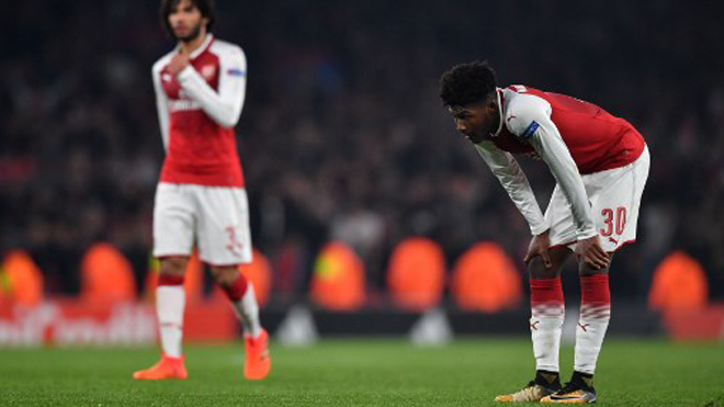 Arsenal's English midfielder Ainsley Maitland-Niles reacts after the UEFA Europa League Group H football match between Arsenal and Red Star Belgrade at The Emirates Stadium in London on November 2, 2017. Arsenal and Red Star Belgrade drew 0-0. Ben STANSALL / AFP