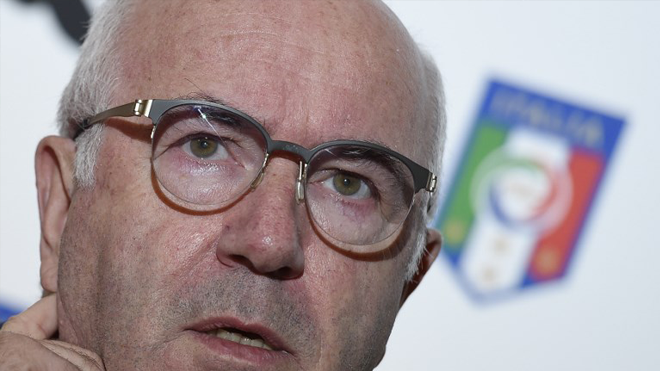FILES) This file photo taken on November 9, 2015 shows Italian Football Federation (FIGC) president, Carlo Tavecchio attending the presentation of the new jersey of the Italian national football team for the EURO 2016 tournament at the Palazzo Vecchio in Florence. Italian FA president Carlo Tavecchio has resigned a week after Italy's World Cup qualifying fiasco, an FIGC official confirmed on November 20, 2017. ANDREAS SOLARO / AFP