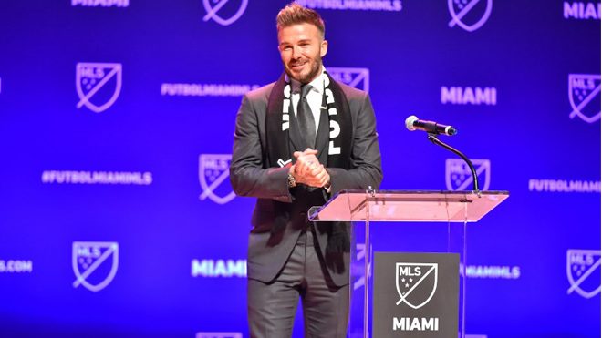 MIAMI, FL - JANUARY 29: David Beckham addresses the crowd during the press conference announcing an MLS franchise in Miami at the Knight Concert Hall on January 29, 2018 in Miami, Florida. Eric Espada/Getty Images/AFP Eric Espada / GETTY IMAGES NORTH AMERICA / AFP