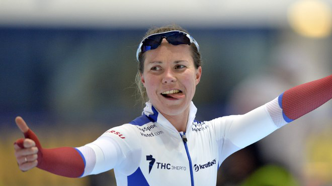 This file photo taken on January 11, 2015 shows Russian Olga Graf reacting after finishing in the ladies' 5000 m race at the ISU European Speed Skating Championships in Chelyabinsk, Russia. Russian speed skater Olga Graf announced on January 30, 2018 she is refusing to compete in the upcoming Pyeongchang Olympics, because a ban on her country meant there wouldn't be enough athletes to form a team for the pursuit race.