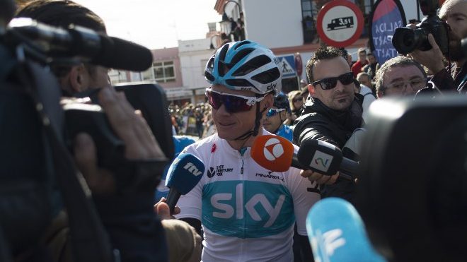 Team Sky's British cyclist Christopher Froome talks to the media prior to the first stage of the "Ruta del Sol" tour, a 197,6 km ride from Mijas to Granada on February 14, 2018. JORGE GUERRERO / AFP