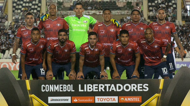 Bolivia's team Jorge Wilstermann poses for pictures before the start of the Libertadores Cup football match against Brazil's Vasco da Gama at the Sao Januario stadium in Rio de Janeiro, Brazil, on February 14, 2018. Mauro PIMENTEL / AFP