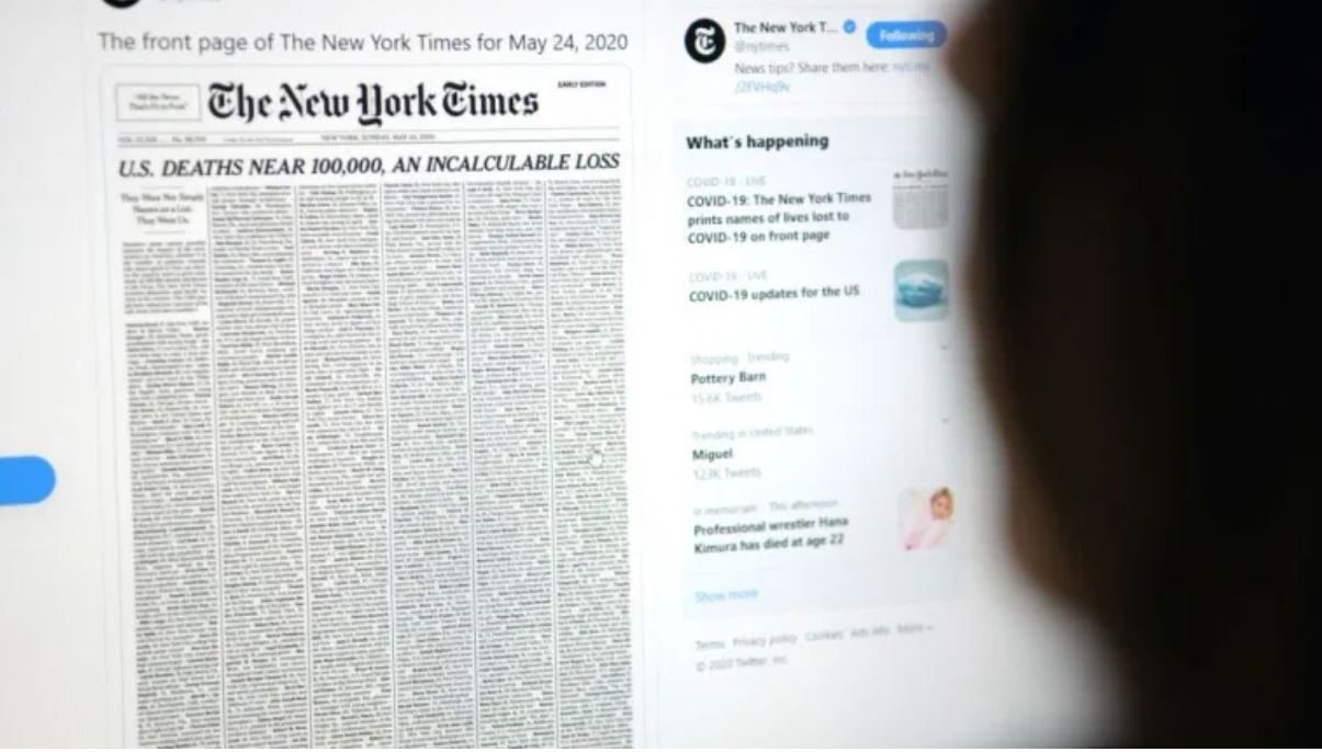 Coronavirus: la emotiva portada de The New York Times con los nombres de las casi 100.000 víctimas de covid-19 en Estados Unidos
