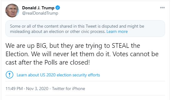 “Están tratando de robar la elección”: el polémico mensaje de Trump que Twitter calificó de “engañoso”