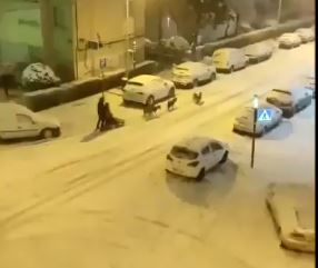 De película: en plena calle nevada de Madrid, hombre se pasea en trineo jalado por perros