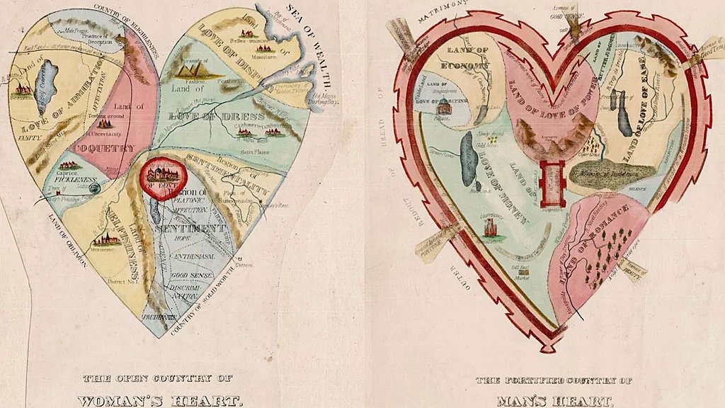 Topografía amorosa: qué revelan los mapas del corazón de una mujer y un hombre del siglo XIX