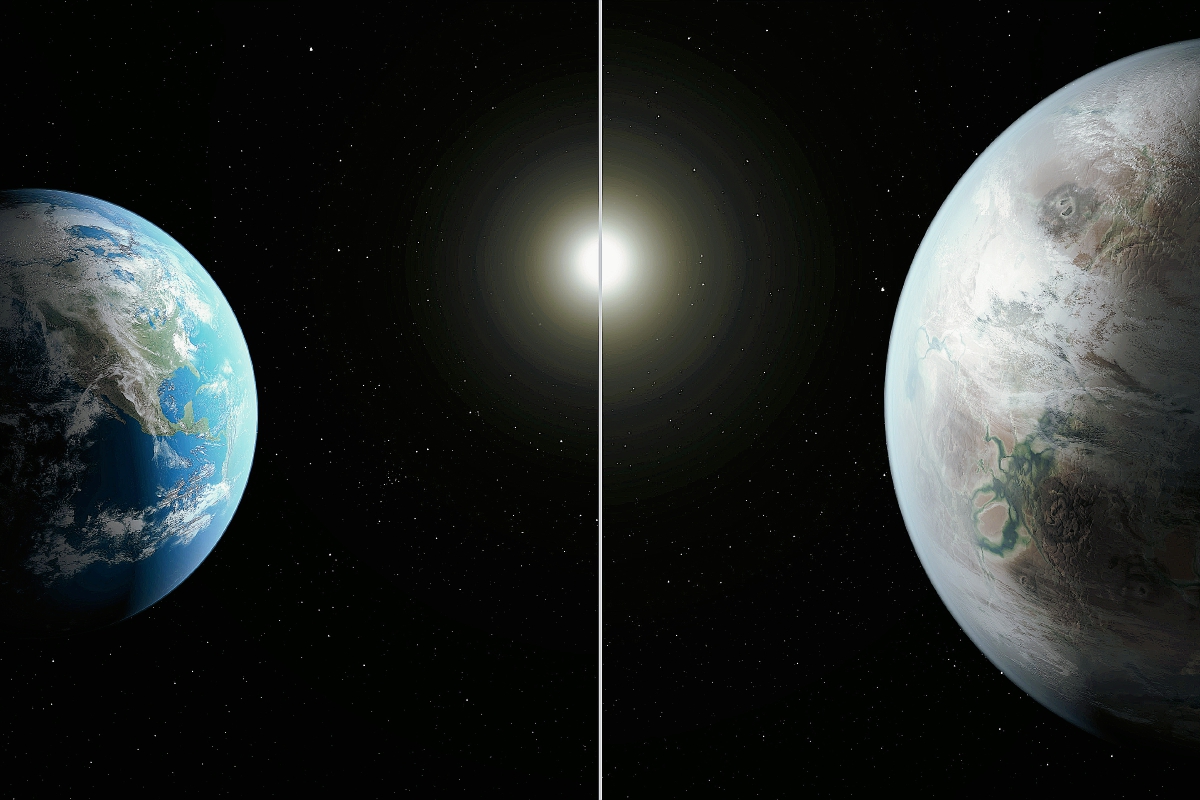 La representación artística de una comparación entre la Tierra, a la izquierda, y el planeta Kepler-452b.(Foto Prensa Libre:AP).