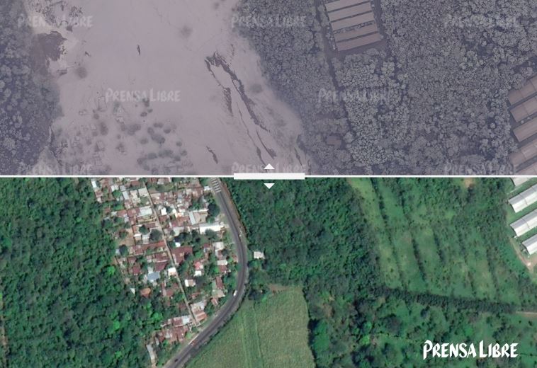 Tomas con dron permiten comparar el antes y después de seis áreas dañas por la explosión del Volcán de Fuego.