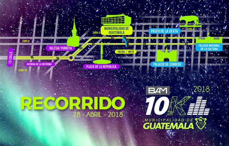 El tradicional recorrido de los 10K nocturnos, que arrancará y terminará a un costado de la Municipalidad de Guatemala. (Foto Prensa Libre: 10kguate.com)