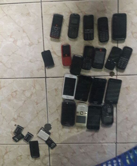 Celulares decomisados en allanamientos realizados en Izabal. (Foto Prensa Libre: PNC)