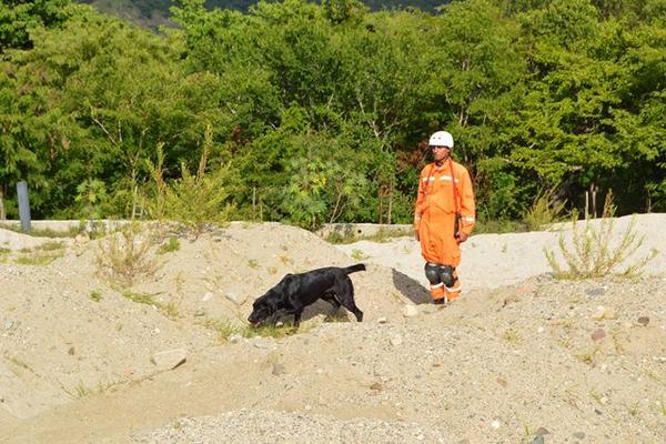 Monster y  su guía, durante el simulacro llevado a cabo en junio último, en un área de la aldea Santa Rosalía, en la cabecera de Zacapa. (Foto Prensa Libre: Víctor Gómez)