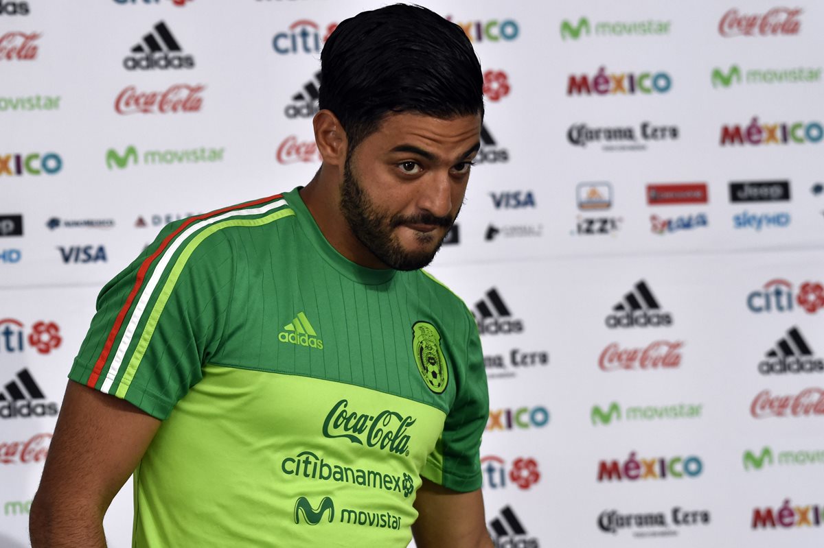 Carlos Vela durante la conferencia de prensa del Tri previo a jugar con Honduras. (Foto Prensa Libre: AFP)