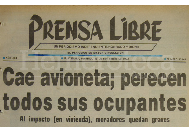 Titular de Prensa Libre del 13 de septiembre de 1992. (Foto: Hemeroteca PL)