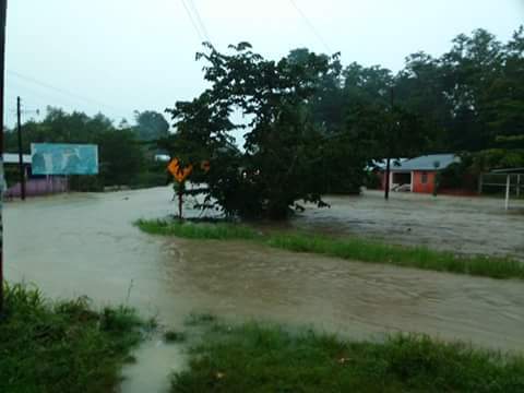 Calles en comunidad Cotoxá, en San Luis, Petén, quedan anegadas por desborde de río. (Foto Prensa Libre: Rigoberto Escobar)