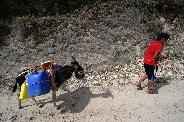 Un niño lleva con agua a su vivienda en el municipio de Texiguat,Honduras.(Foto Prensa Libre:AFP).