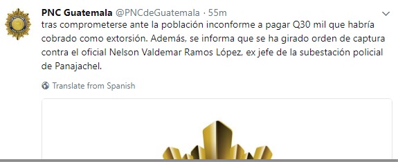 Publicación que hizo la PNC en relación con la supuesta orden de captura, pero fue borrada.