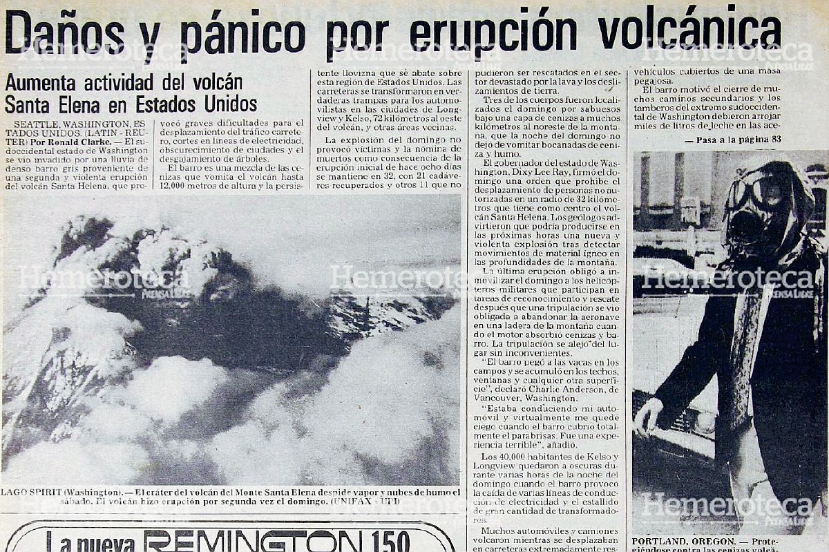 Nota periodística informando sobre la erupción del Monte Santa Elena en mayo de 1980. (Foto Prensa Libre: Hemeroteca)
