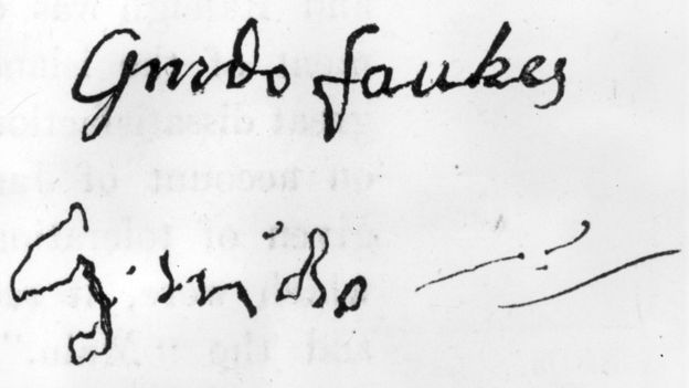 Firma de Guy Fawkes antes y después de ser torturado.HULTON ARCHIVE