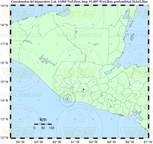 Zona epicentral del sismo de 4.2 grados registrado esta noche. (Imagen: Prensa Libre/Insivumeh).