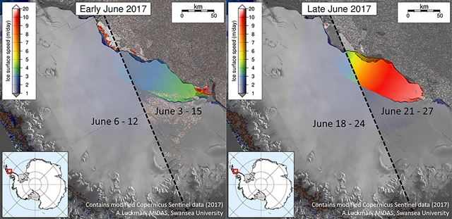 Ilustración del avance de la ruptura del bloque de hielo -en rojo- del Larsen C. (Foto Prensa Libre: AFP)