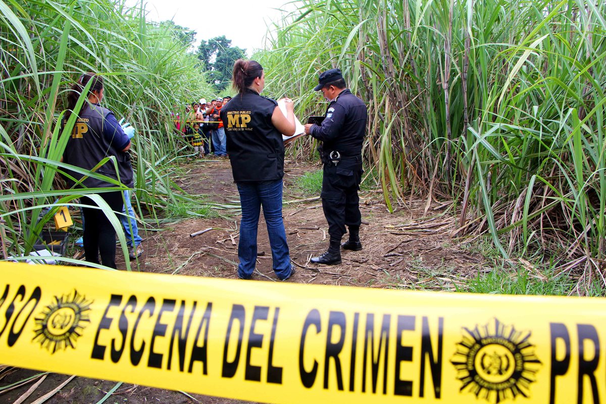 Agentes de la PNC y MP hacen peritaje en el lugar en el que se localizó el cádaver. (Foto Prensa Libre: Rolando Miranda)