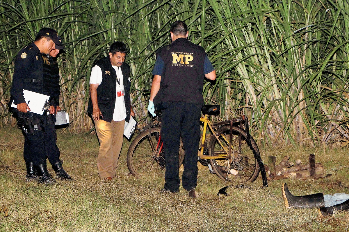 Investigadores inspeccionan el lugar donde fue localizado el cadáver de Adrián Rodríguez, en Retalhuleu. (Foto Prensa Libre: Rolando Miranda)