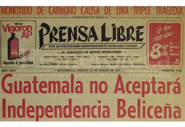 Portada de Prensa Libre del 25/1/1975, con rechazo a independencia de Belice. (Foto: Hemeroteca PL)