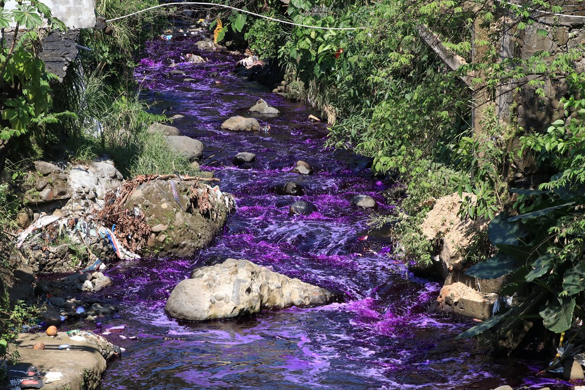 El río Pacayá, en Escuintla, se tiñó este jueves de morado, denunciaron vecinos. (Foto Prensa Libre: Enrique Paredes)