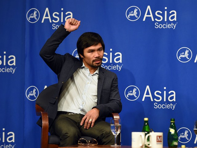 Manny Pacquiao atendió a la prensa en Nueva York. (Foto Prensa Libre: AFP)