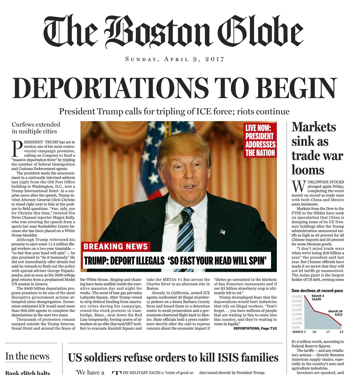 El Boston Globe se burla de la llegada al poder de Trump en una portada satírica. (Foto Prensa Libre: AP).