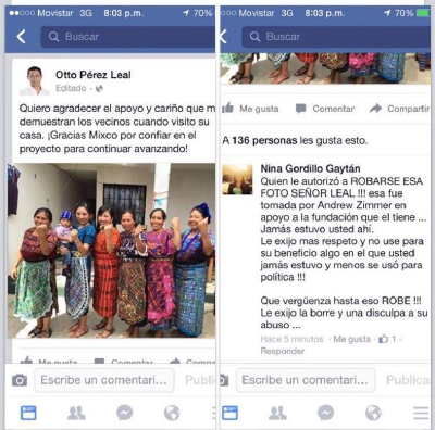 Mirciny Moliviatis reclamó al alcalde de Mixco, Otto Pérez Leal, el uso de una fotografía hecha por Andrew Zimmern.(Foto Prensa Libre: tomado de Facebook)