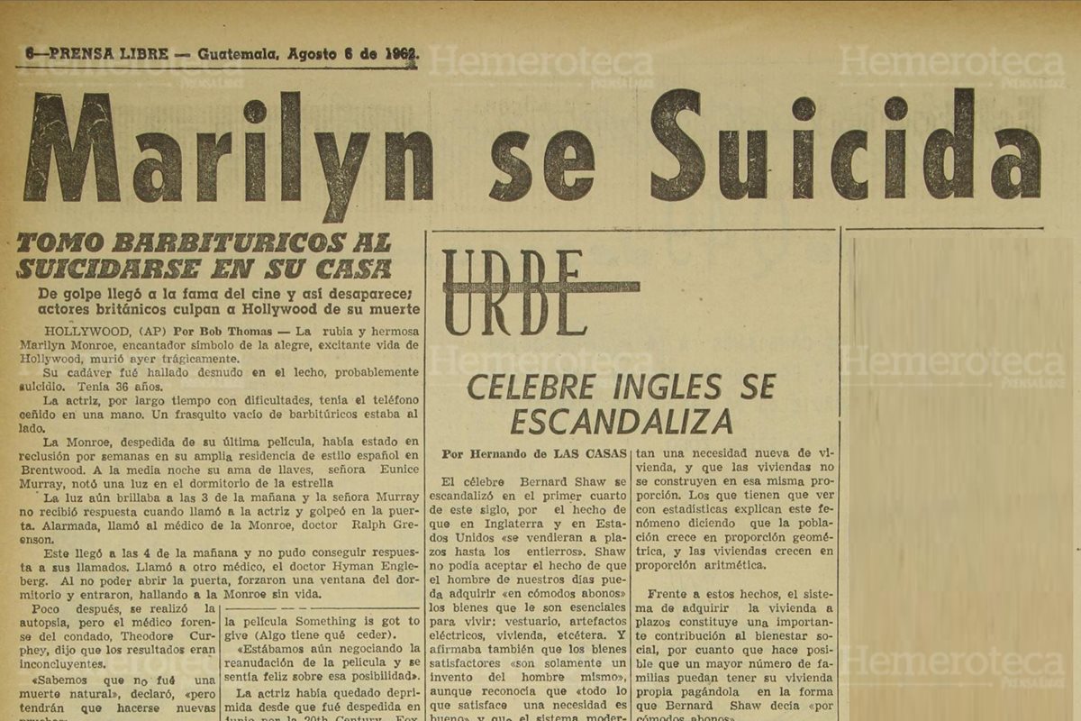 Página de Prensa Libre en donde se indicaba la muerte de Marilyn Monroe. (Foto: Hemeroteca PL)