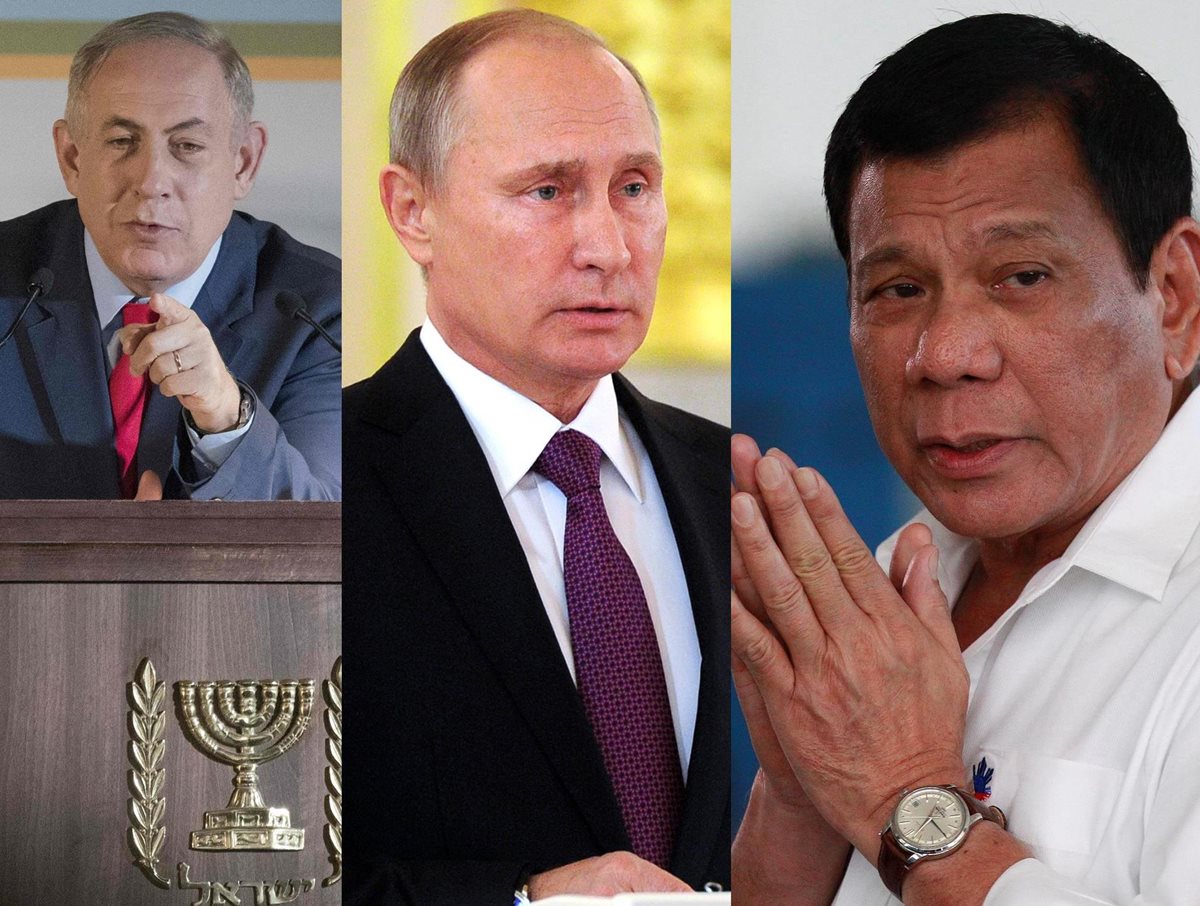 El primer ministro israelí, Benjamin Netanyahu; el presidente ruso, Vladimir Putin y el mandatario filipino Rodrigo Duterte, felicitan al recién electo presidente de EE. UU., Trump. (Fotos Prensa Libre: AFP/AP).