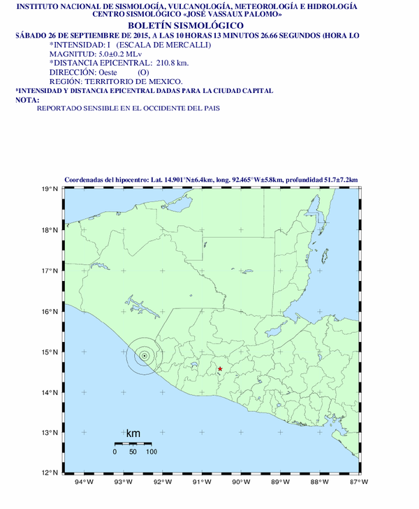 El sismo tuvo una magnitud de 5 grados Richter, según el Insivumeh. (Foto Prensa Libre: Insivumeh)