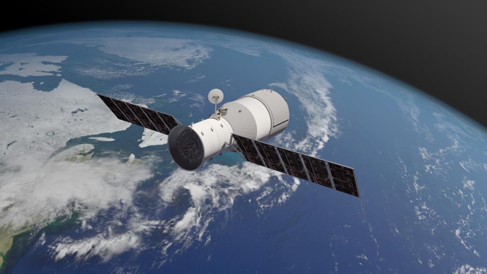 La estación espacial Tiangong 1 mide 12 metros y está sin control desde el 2016. (Foto Prensa Libre: The Aerospace Corportation)