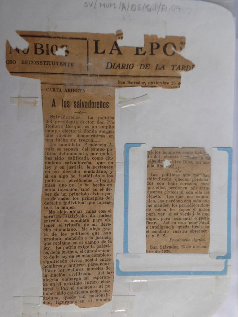 "Me alejo grata de los políticos que han prestado atención a la justicia que reclamo en el campo de la ley", escribió Prudencia Ayala en una carta abierta a los salvadoreños en 1930. MUSEO DE LA PALABRA Y LA IMAGEN EL SALVADOR