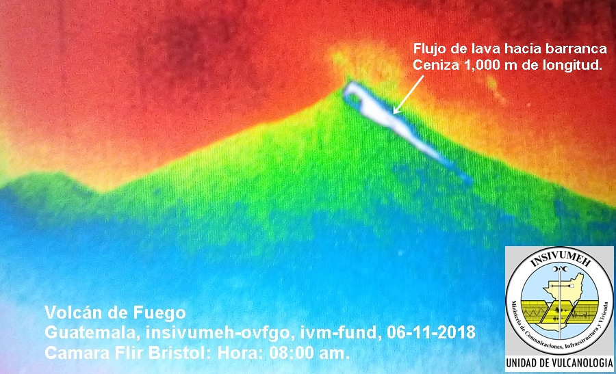 Flujo de lava de mil kilómetros de longitud que desciende hacia la barranca Ceniza. (Imagen: Insivumeh/Universidad de Bristol)