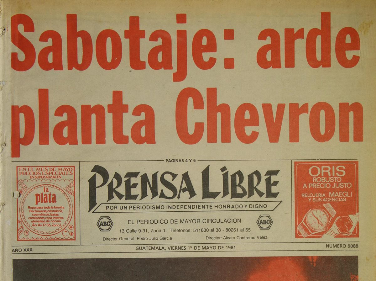 01/05/1981 Portada de Prensa Libre  sobre el  incendio en la planta de la compañía petrolera Chevron. (Foto: Hemeroteca PL)