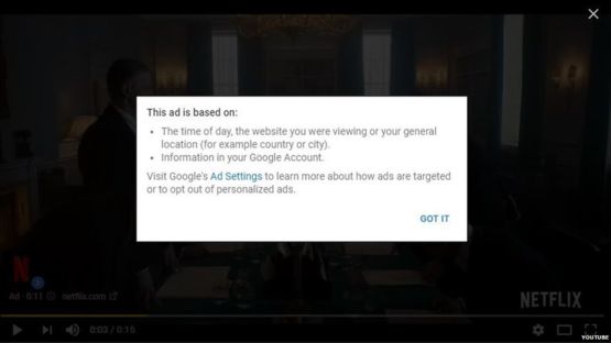 Los anuncios en los videos se basan en el contenido de las páginas que visitas, en tu ubicación o en la información de tu cuenta de Google, según explica el cartel. (Crédito: YouTube)