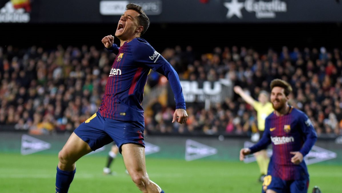 Así festejó Coutinho su primer gol con el FC Barcelona. (Foto Prensa Libre: AFP)