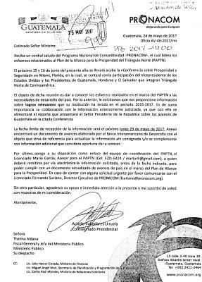 Este oficio fue entregado por Acisclo Valladares, de Pronacom, a Thelma Aldana, fiscal general, antes de la reunión en Estados Unidos.