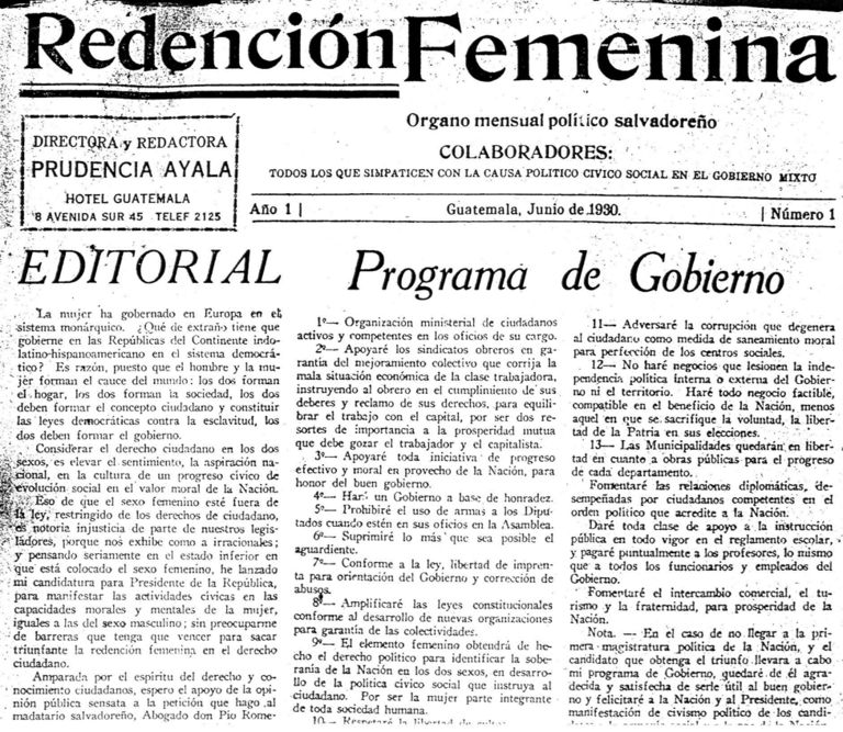 Prudencia lanzó su candidatura y programa de gobierno en Redención Femenina, el diario que fundó. MUSEO DE LA PALABRA Y LA IMAGEN EL SALVADOR