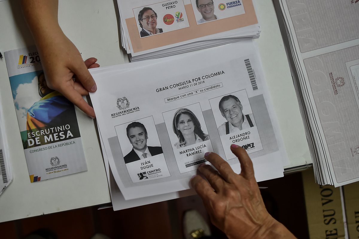 679/5000Las fotocopias de las boletas de uno de los dos principales bloques políticos que celebran elecciones primarias al mismo tiempo que las elecciones parlamentarias en Colombia.(AFP).