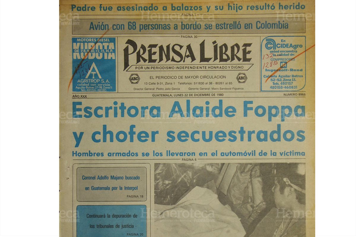 Portada de Prensa Libre del 22 de diciembre 1980 da a conocer el secuestro de la escritora Alaíde Foppa. (Foto: Hemeroteca PL)