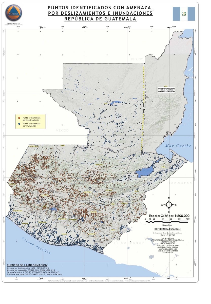 Este es según Conred el mapa de puntos de riesgo actualizado (Foto Prensa Libre: Conred)