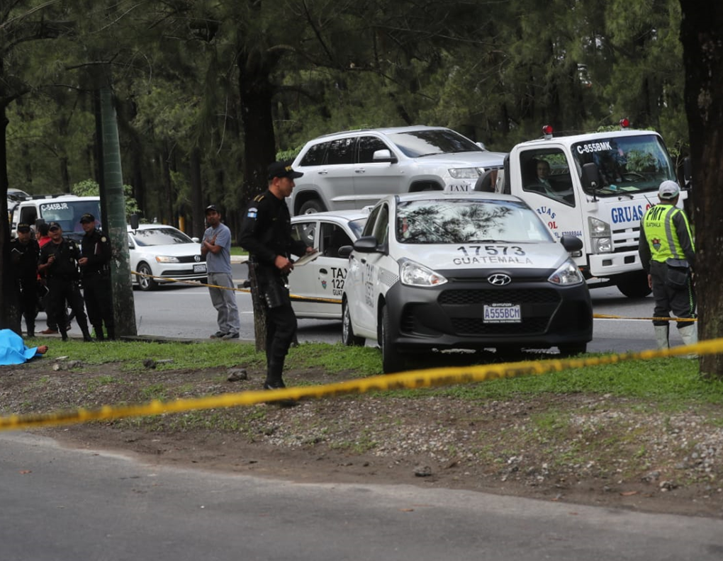 El taxi quedó en uno de los arriates del bulevar Vista Hermosa. (Foto Prensa Libre: Érick Ávila)