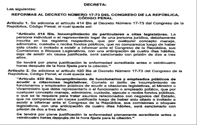 Reformas al Código Penal que decretaban cárcel para funcionarios que no acudieran a citaciones al Congreso. (Foto Prensa Libre: DCA).