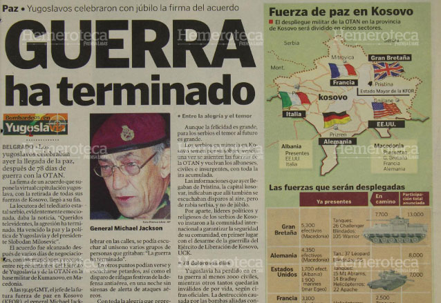 Nota del 10/06/1999 anunciando el fin del conflicto de Kosovo. (Foto: Hemeroteca PL)