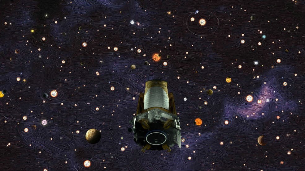 Ilustración artística de Kepler junto a algunos exoplanetas que descubrió. (Foto Prensa Libre: EFE)